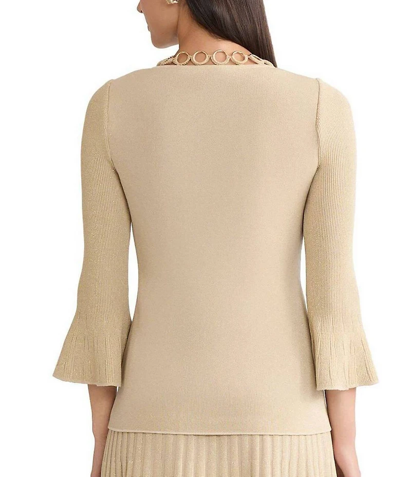 MISOOK Lurex Crochet Knit Grommet Scoop Neck 3/4 Bell Sleeve Top