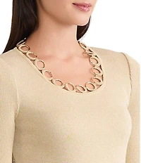 MISOOK Lurex Crochet Knit Grommet Scoop Neck 3/4 Bell Sleeve Top