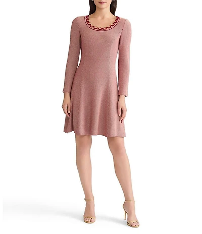 MISOOK Lurex Crochet Round Neck Long Sleeve Ring Trim A-Line Dress