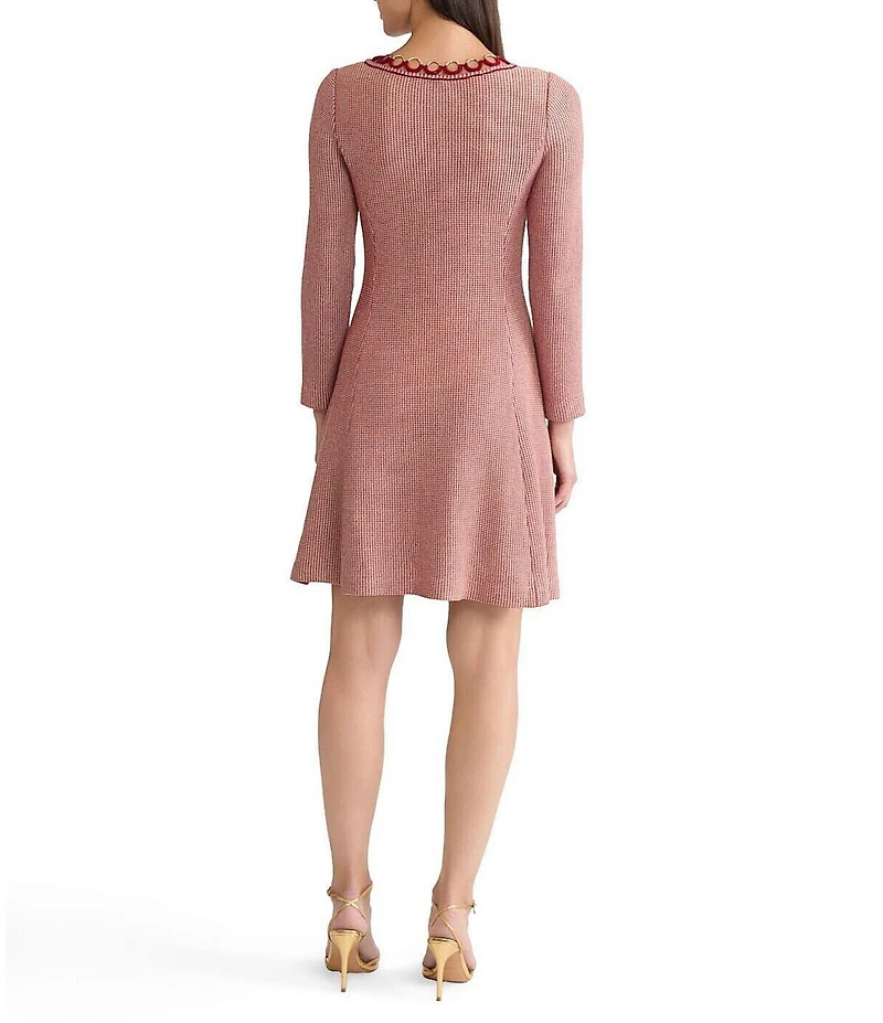 MISOOK Lurex Crochet Round Neck Long Sleeve Ring Trim A-Line Dress