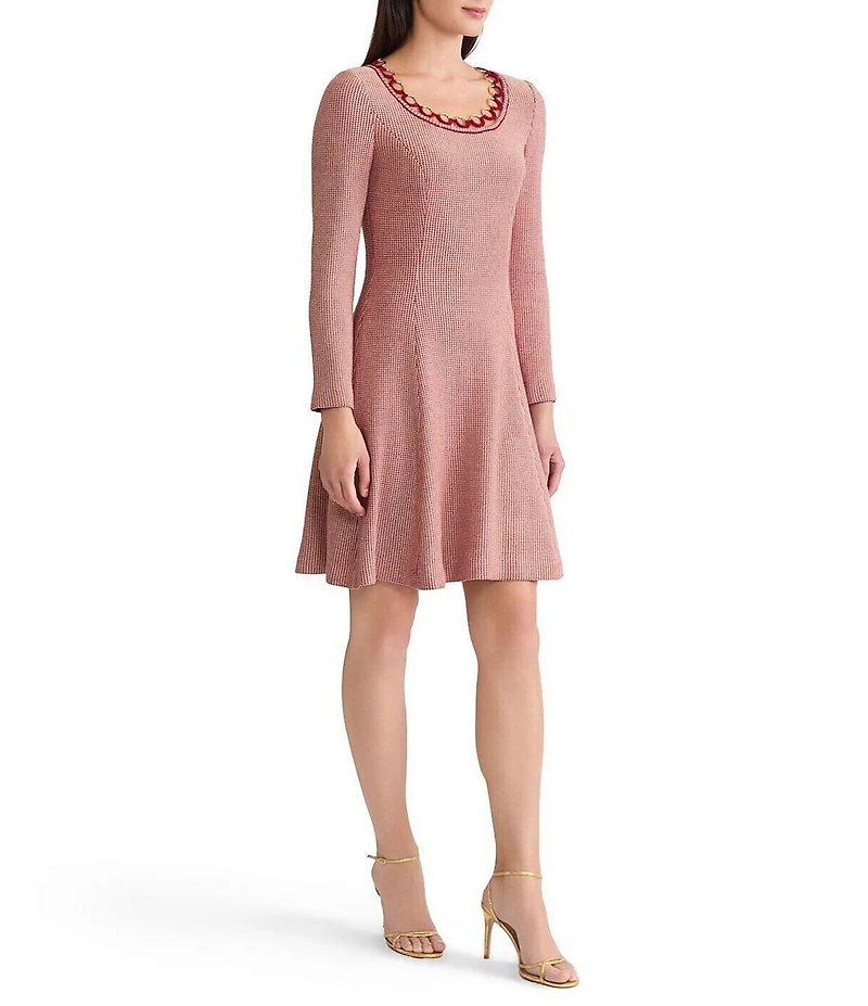 MISOOK Lurex Crochet Round Neck Long Sleeve Ring Trim A-Line Dress