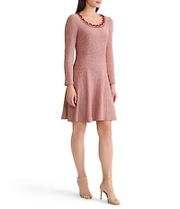 MISOOK Lurex Crochet Round Neck Long Sleeve Ring Trim A-Line Dress