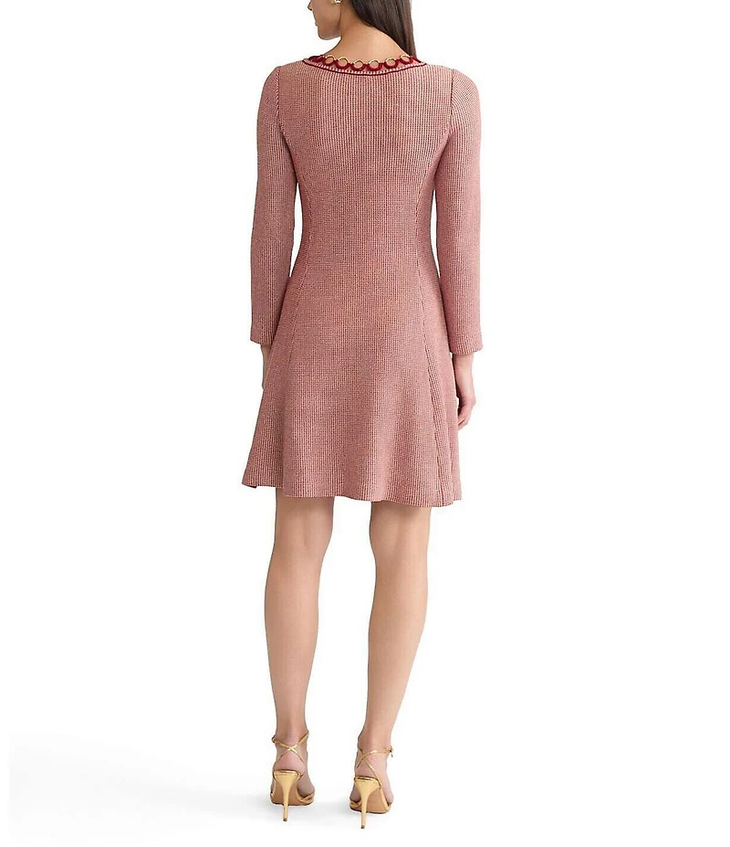 MISOOK Lurex Crochet Round Neck Long Sleeve Ring Trim A-Line Dress