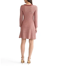 MISOOK Lurex Crochet Round Neck Long Sleeve Ring Trim A-Line Dress