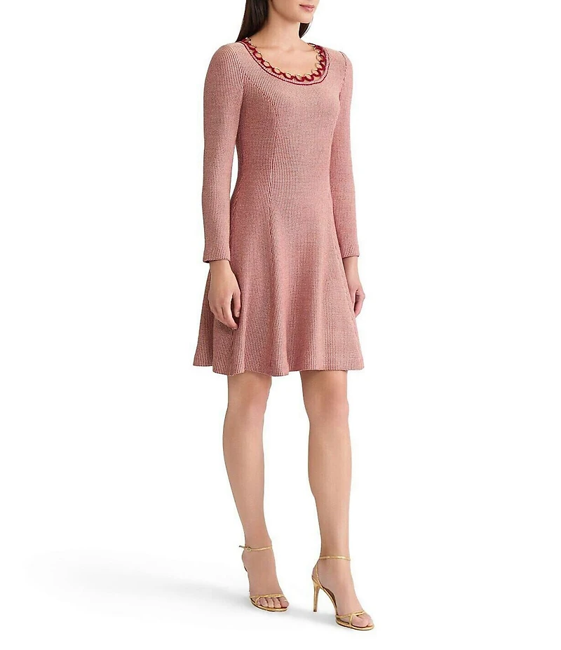 MISOOK Lurex Crochet Round Neck Long Sleeve Ring Trim A-Line Dress