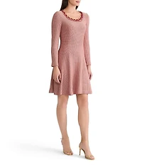 MISOOK Lurex Crochet Round Neck Long Sleeve Ring Trim A-Line Dress