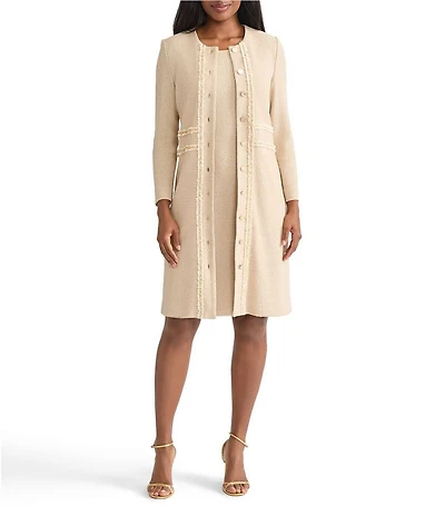 MISOOK Lurex Knit Round Neck Long Sleeve Ribbon Chain Trim Jacket