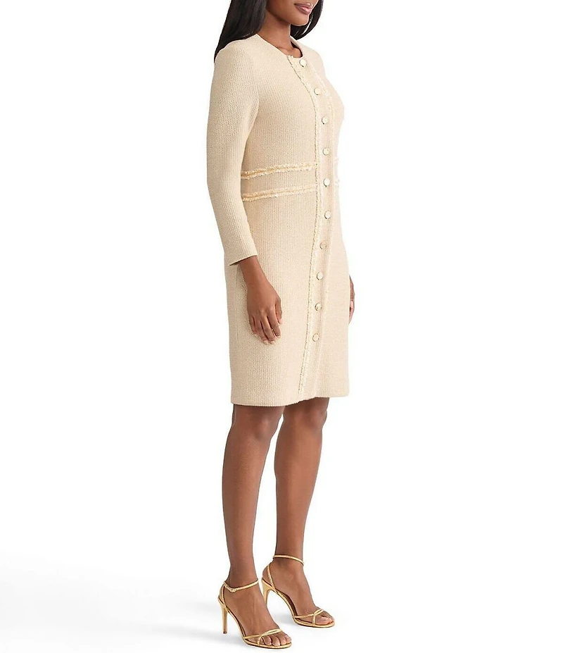 MISOOK Lurex Knit Round Neck Long Sleeve Ribbon Chain Trim Jacket