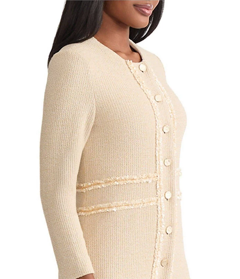 MISOOK Lurex Knit Round Neck Long Sleeve Ribbon Chain Trim Jacket