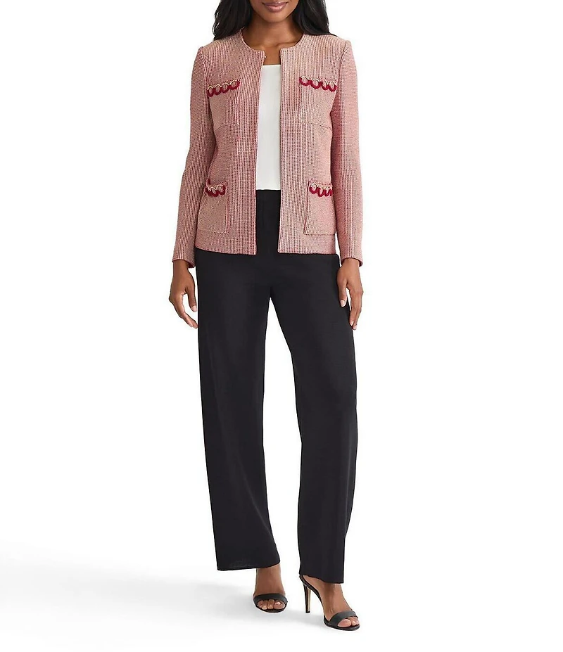 MISOOK Lurex Knit Round Neck Long Sleeve Ring Trim Jacket