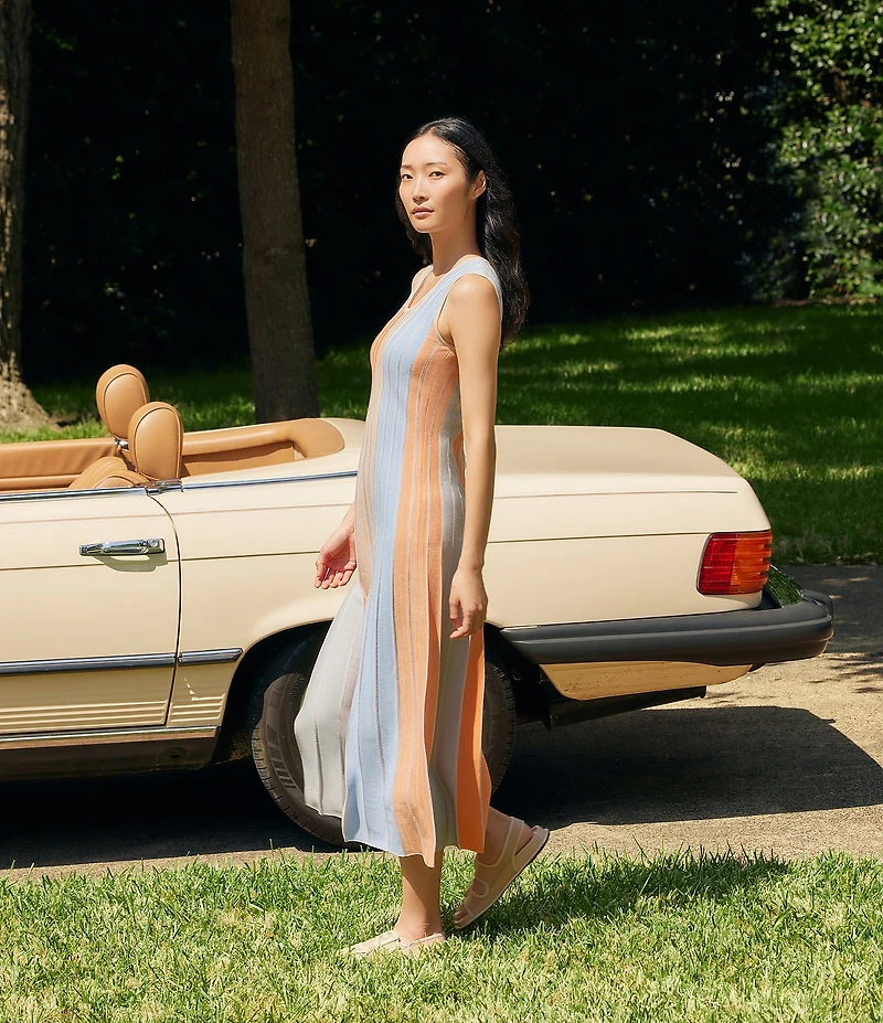 MISOOK Lurex Knit Stripe Scoop Neck Sleeveless Maxi Dress