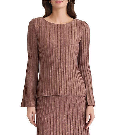 MISOOK Coordinating Lurex Ribbed Knit Boat Neck Long Bell Sleeve Tunic