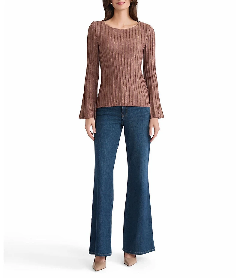 MISOOK Coordinating Lurex Ribbed Knit Boat Neck Long Bell Sleeve Tunic