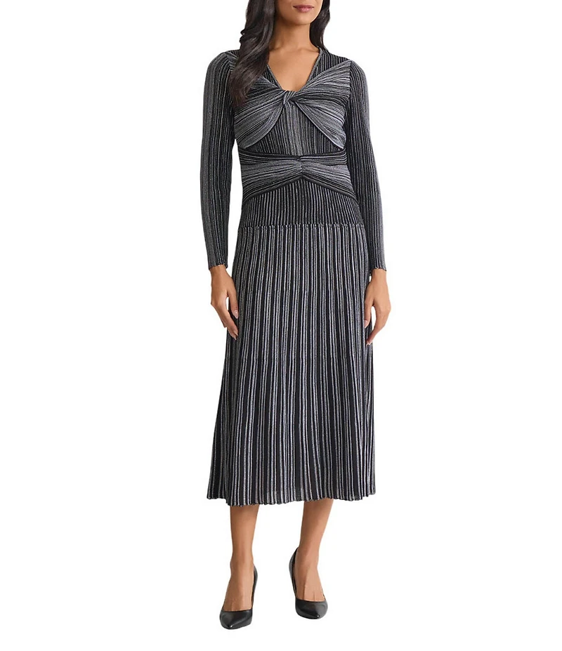 MISOOK Lurex Shimmer Knit Twist Front V-Neck Long Sleeve Fit And Flare Midi Dress