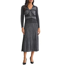 MISOOK Lurex Shimmer Knit Twist Front V-Neck Long Sleeve Fit And Flare Midi Dress