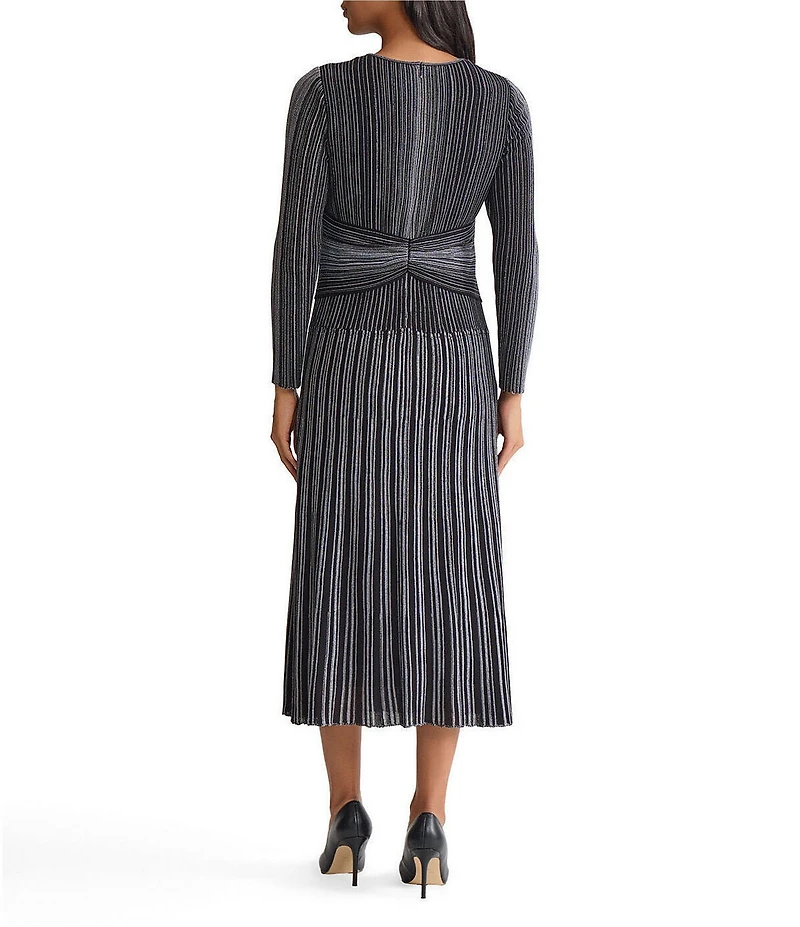 MISOOK Lurex Shimmer Knit Twist Front V-Neck Long Sleeve Fit And Flare Midi Dress