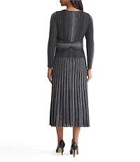 MISOOK Lurex Shimmer Knit Twist Front V-Neck Long Sleeve Fit And Flare Midi Dress