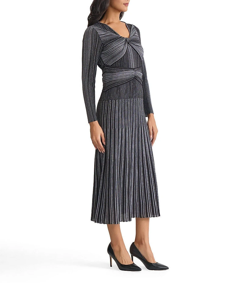 MISOOK Lurex Shimmer Knit Twist Front V-Neck Long Sleeve Fit And Flare Midi Dress