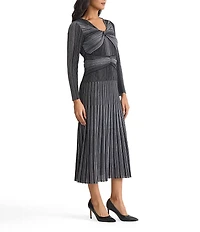 MISOOK Lurex Shimmer Knit Twist Front V-Neck Long Sleeve Fit And Flare Midi Dress