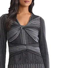 MISOOK Lurex Shimmer Knit Twist Front V-Neck Long Sleeve Fit And Flare Midi Dress