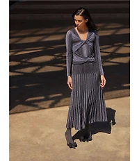 MISOOK Lurex Shimmer Knit Twist Front V-Neck Long Sleeve Fit And Flare Midi Dress