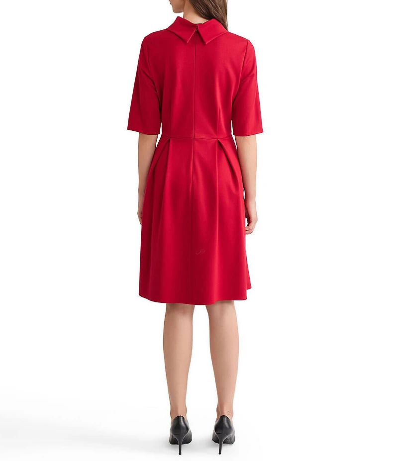 MISOOK Luxe Stretch Ponte Fold Collar Neck Elbow Sleeve A-Line Dress