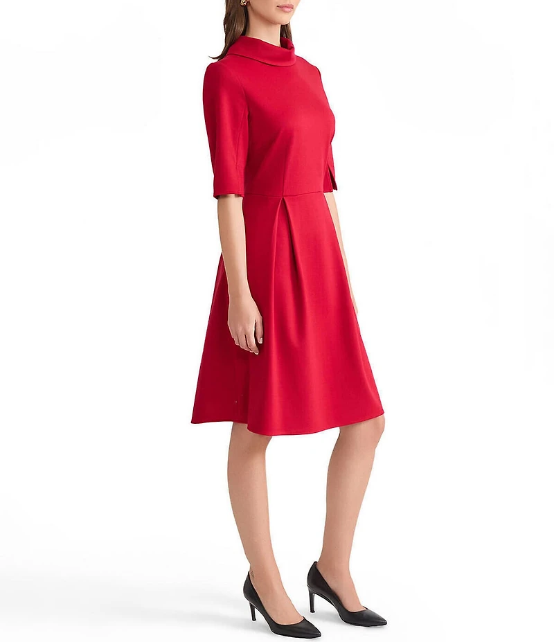MISOOK Luxe Stretch Ponte Fold Collar Neck Elbow Sleeve A-Line Dress