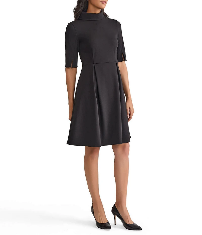 MISOOK Luxe Stretch Ponte Fold Collar Neck Elbow Sleeve A-Line Dress