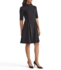 MISOOK Luxe Stretch Ponte Fold Collar Neck Elbow Sleeve A-Line Dress