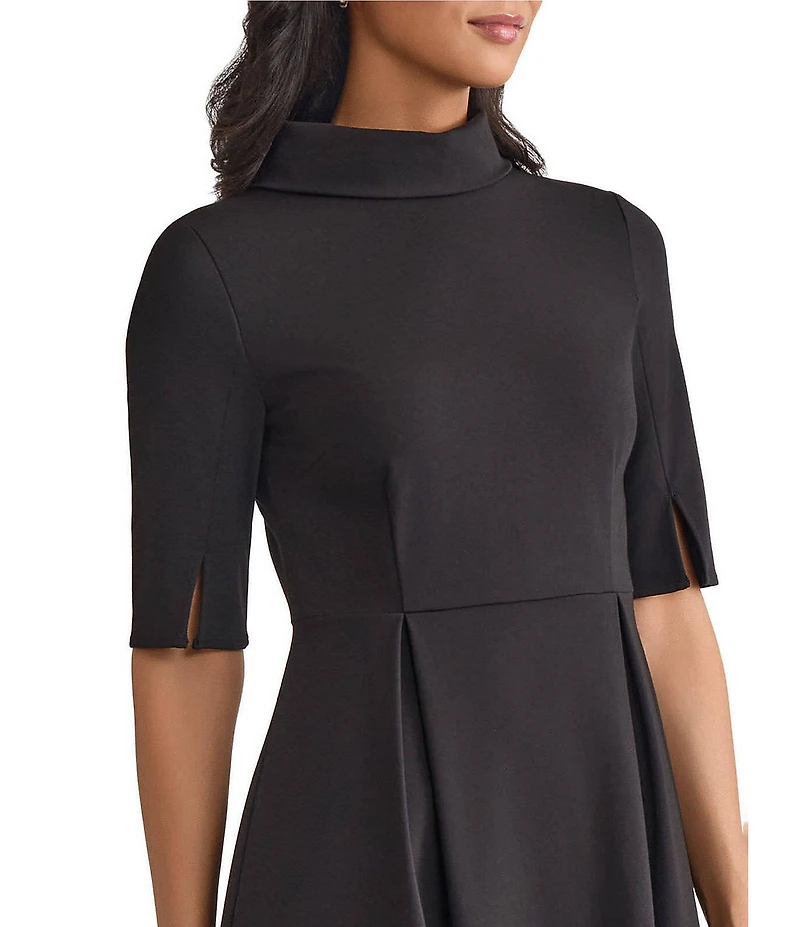 MISOOK Luxe Stretch Ponte Fold Collar Neck Elbow Sleeve A-Line Dress