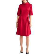 MISOOK Luxe Stretch Ponte Fold Collar Neck Elbow Sleeve A-Line Dress