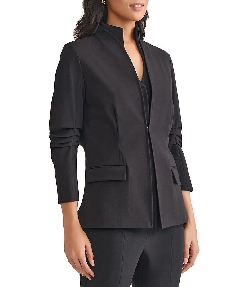 MISOOK Luxe Stretch Ponte Modified Mandarin Collar 3/4 Pleated Sleeve Blazer