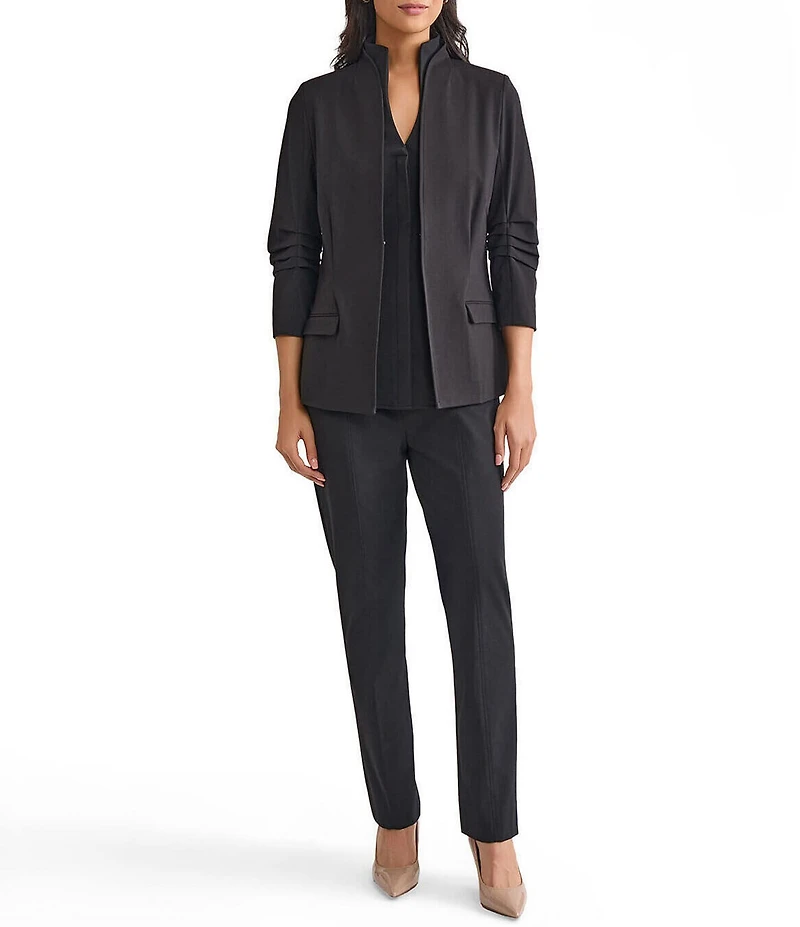 MISOOK Luxe Stretch Ponte Modified Mandarin Collar 3/4 Pleated Sleeve Blazer