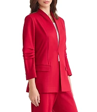 MISOOK Luxe Stretch Ponte Modified Mandarin Collar 3/4 Pleated Sleeve Blazer