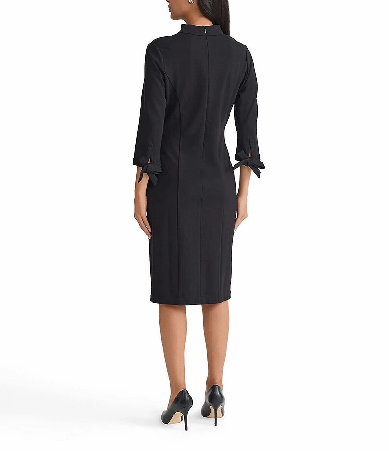 MISOOK Luxe Stretch Ponte Stand Collar V-Neck 3/4 Tie Sleeve Dress