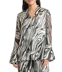MISOOK Marble Print Coordinating Silk Chiffon V-Neck Long Bell Sleeve Tunic