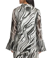 MISOOK Marble Print Coordinating Silk Chiffon V-Neck Long Bell Sleeve Tunic