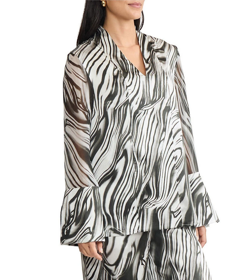 MISOOK Marble Print Coordinating Silk Chiffon V-Neck Long Bell Sleeve Tunic