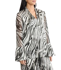 MISOOK Marble Print Coordinating Silk Chiffon V-Neck Long Bell Sleeve Tunic
