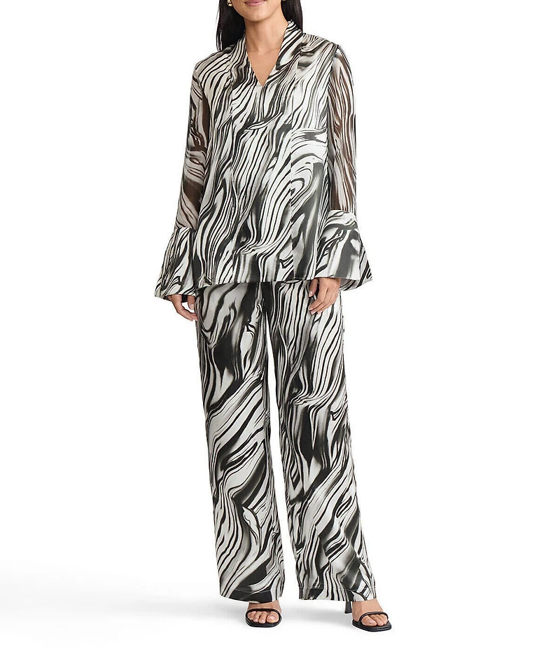 MISOOK Marble Print Coordinating Silk Chiffon V-Neck Long Bell Sleeve Tunic