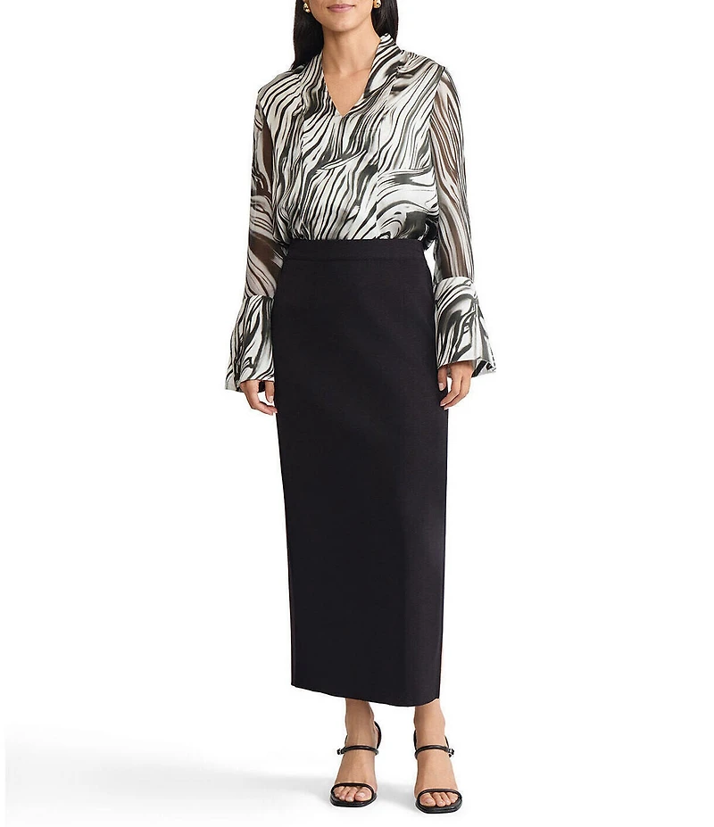 MISOOK Marble Print Coordinating Silk Chiffon V-Neck Long Bell Sleeve Tunic