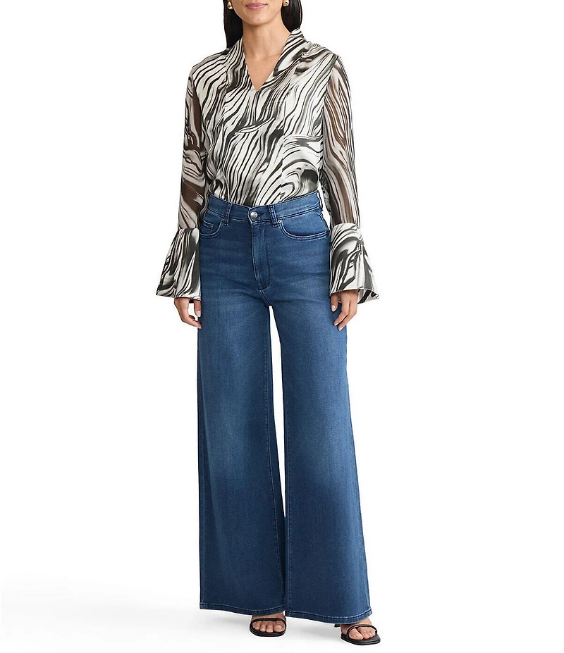 MISOOK Marble Print Coordinating Silk Chiffon V-Neck Long Bell Sleeve Tunic