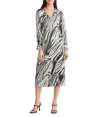 MISOOK Marble Printed Silk V-Neck Long Sleeve Midi Dress