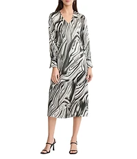 MISOOK Marble Printed Silk V-Neck Long Sleeve Midi Dress