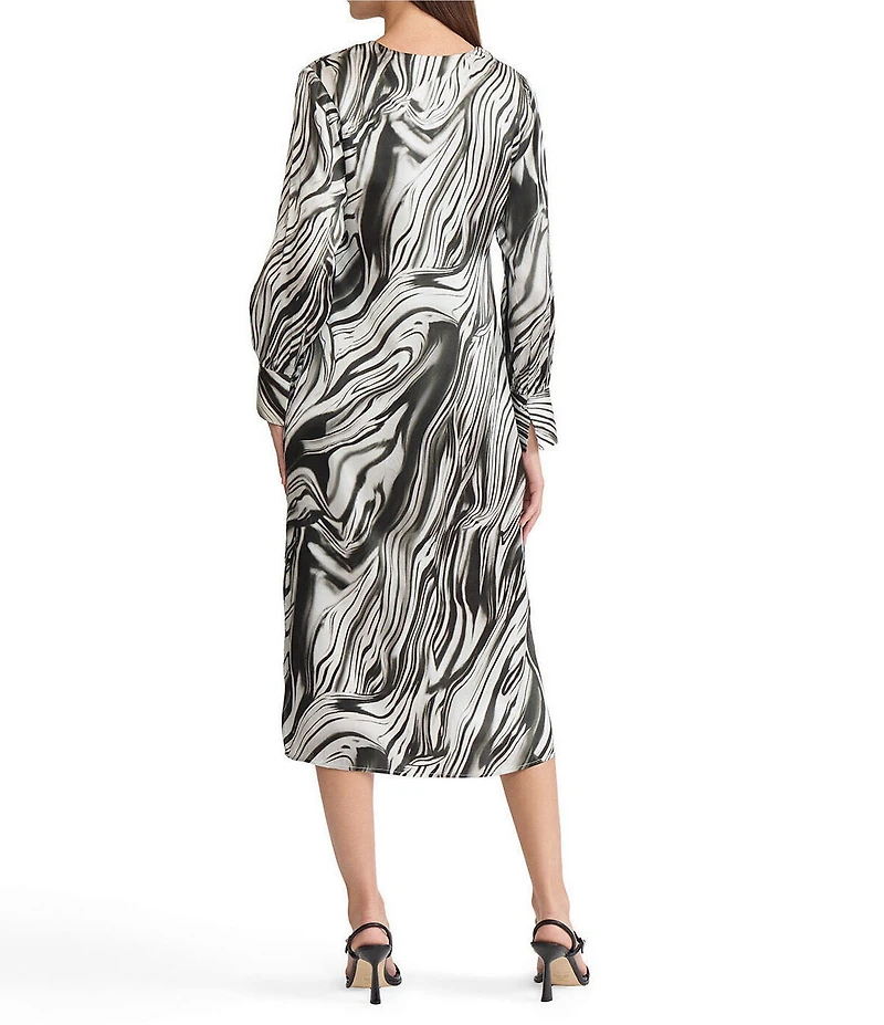 MISOOK Marble Printed Silk V-Neck Long Sleeve Midi Dress
