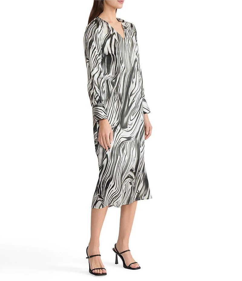 MISOOK Marble Printed Silk V-Neck Long Sleeve Midi Dress