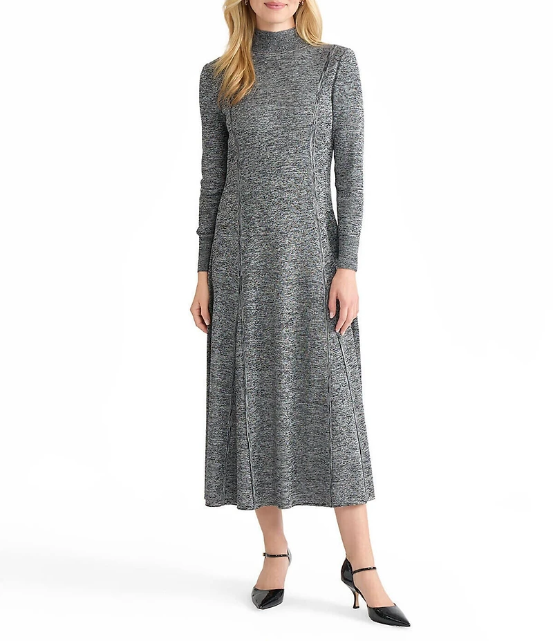 MISOOK Melange Knit Mock Neck Long Sleeve A-Line Dress