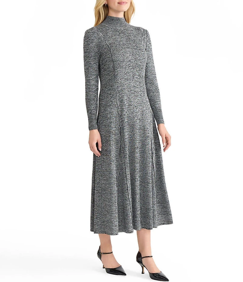 MISOOK Melange Knit Mock Neck Long Sleeve A-Line Dress
