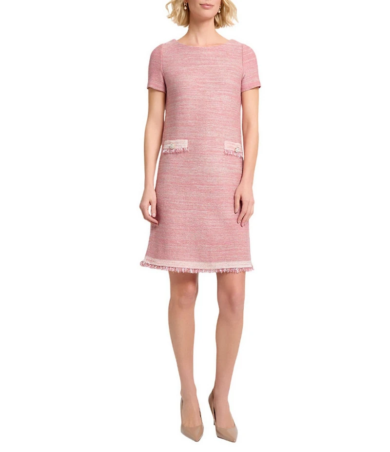MISOOK Melange Knit Round Neck Short Sleeve Fringe Trim Shift Dress