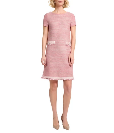 MISOOK Melange Knit Round Neck Short Sleeve Fringe Trim Shift Dress
